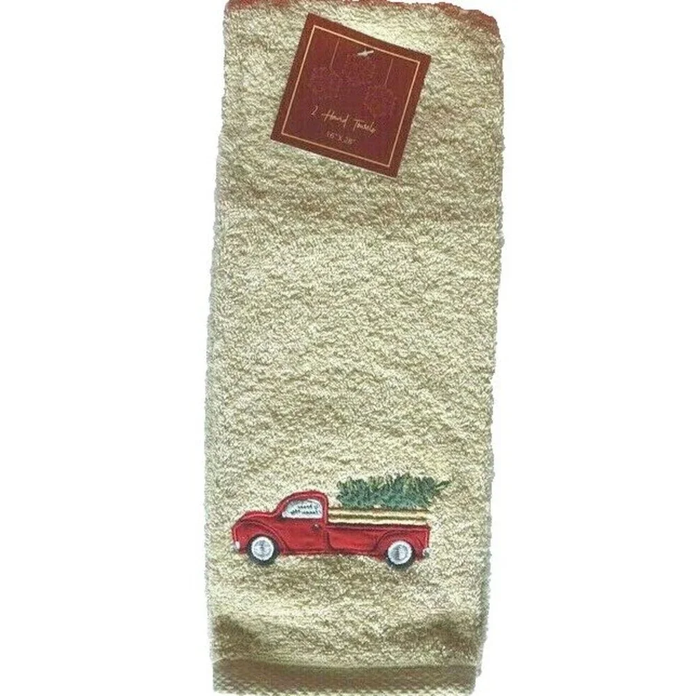 Christmas Tree Red Farm Truck Hand Towels Embroidered Bathroom 16x28 Set of 2